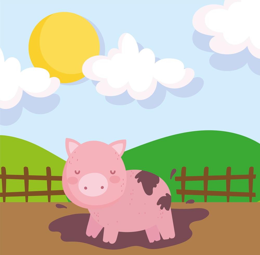 Cute farm pig in the mud vector