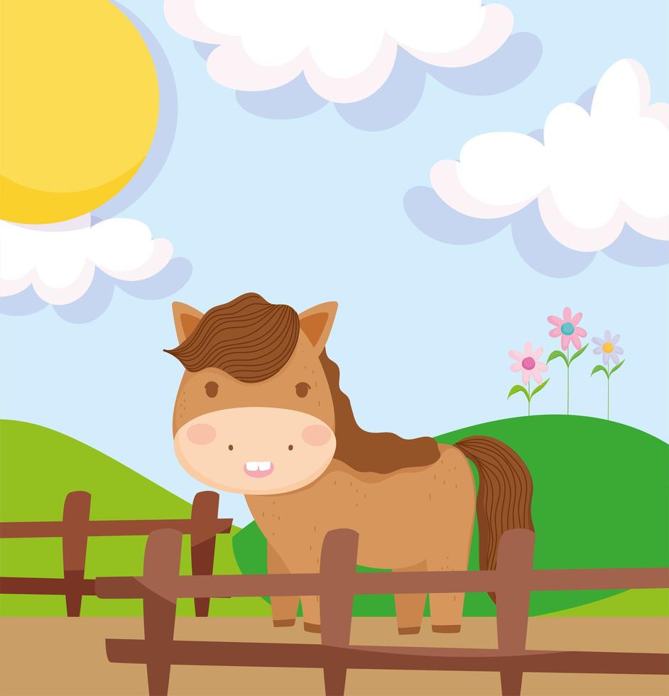 Cute farm horse behind a wooden fence vector