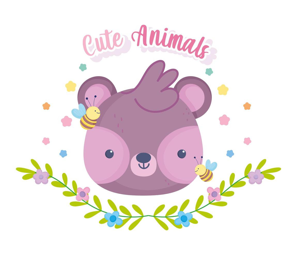 Little bear face with bees, flowers, and stars vector