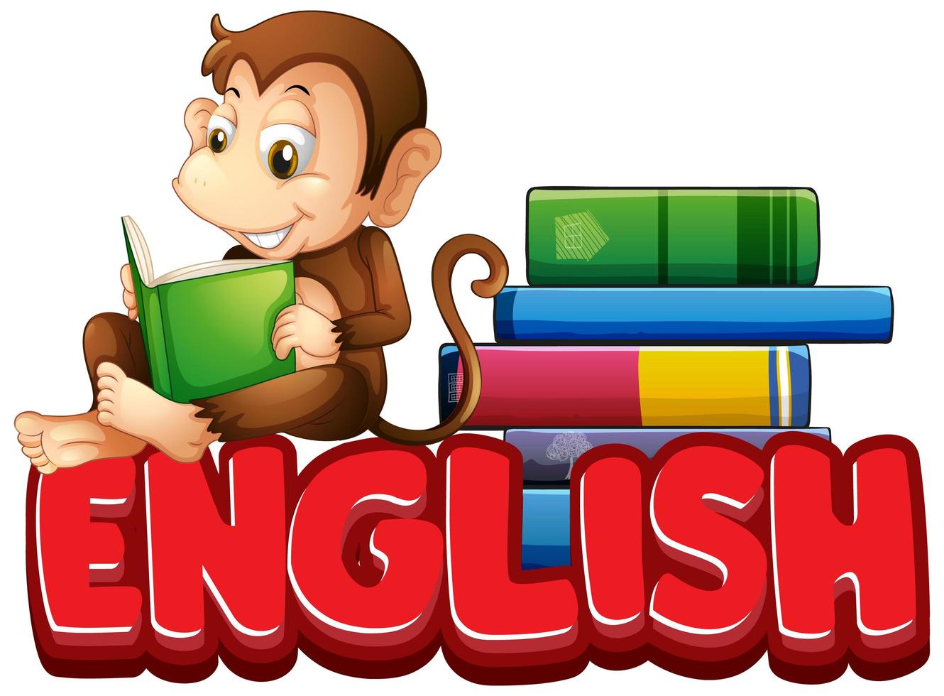 Diseño de pegatinas para la palabra inglesa con libro de lectura de mono vector
