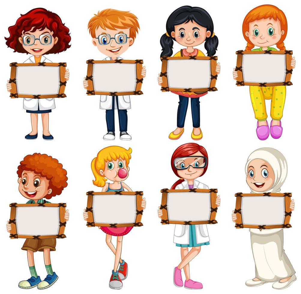 Blank sign template with many children on white background vector
