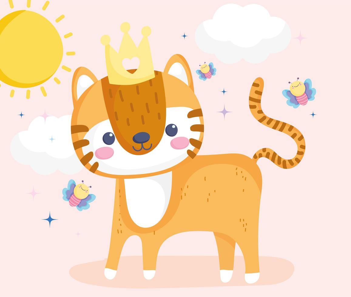 Little tiger with crown and flying butterflies sunny day vector