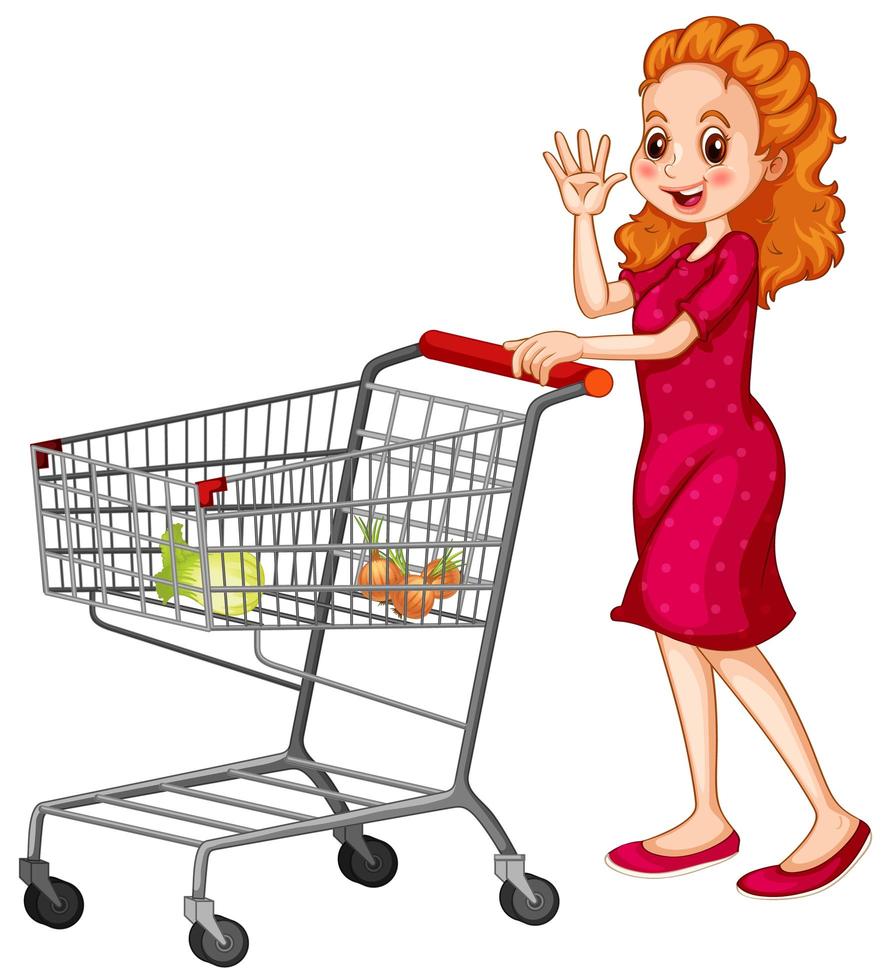 Woman pushing shopping cart on white background vector