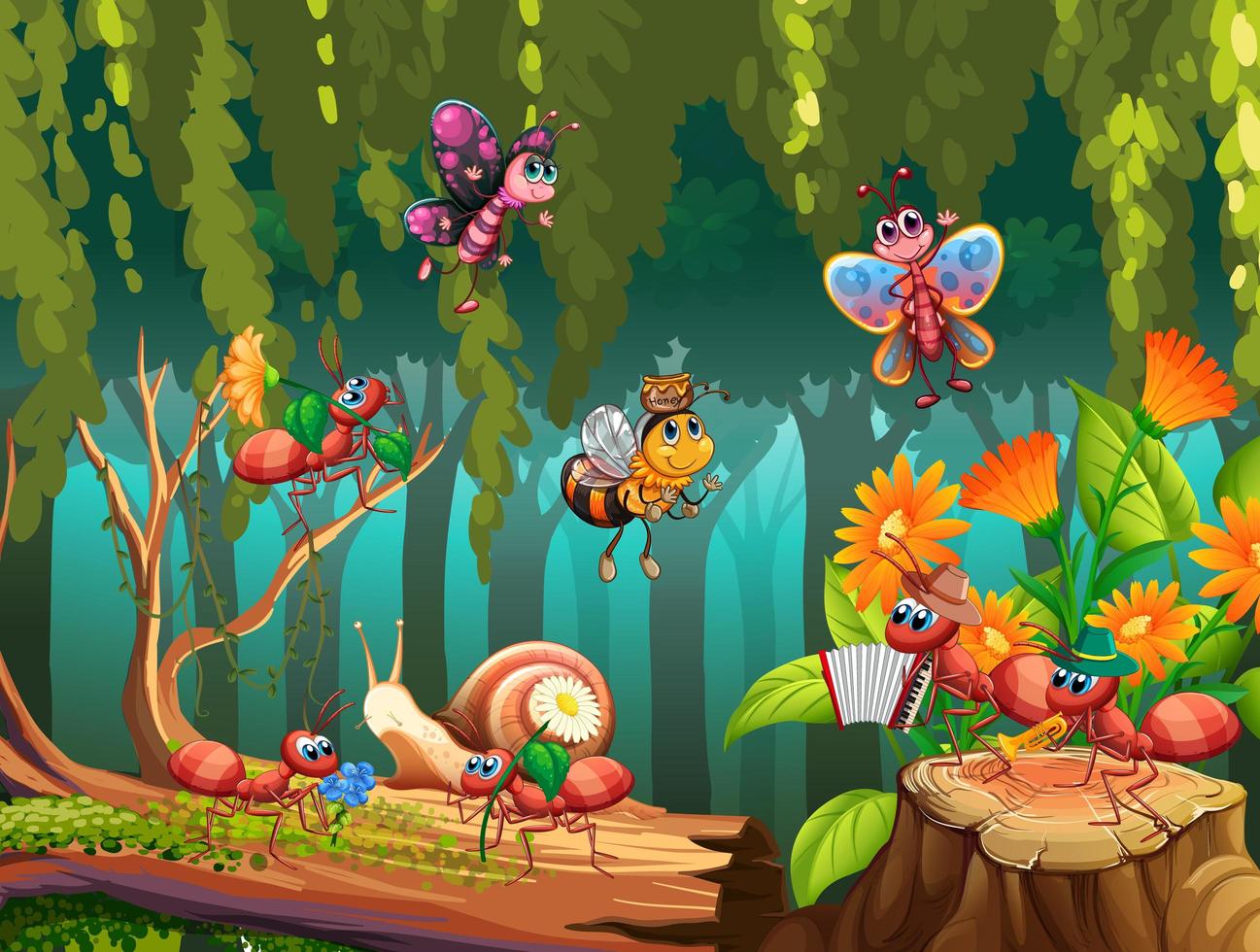 Group of insect in fairy nature vector