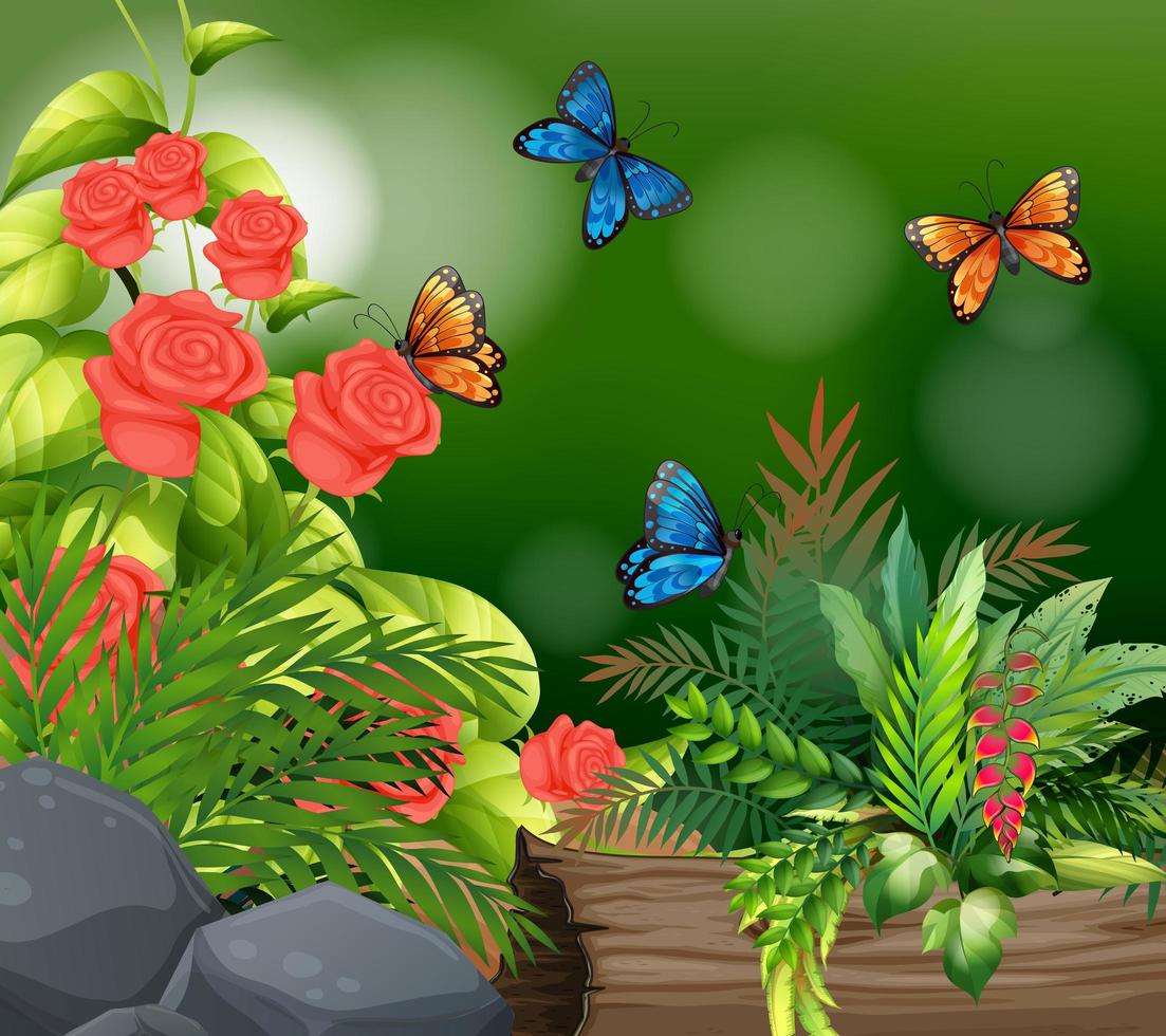 escena de fondo con rosas y mariposas vector