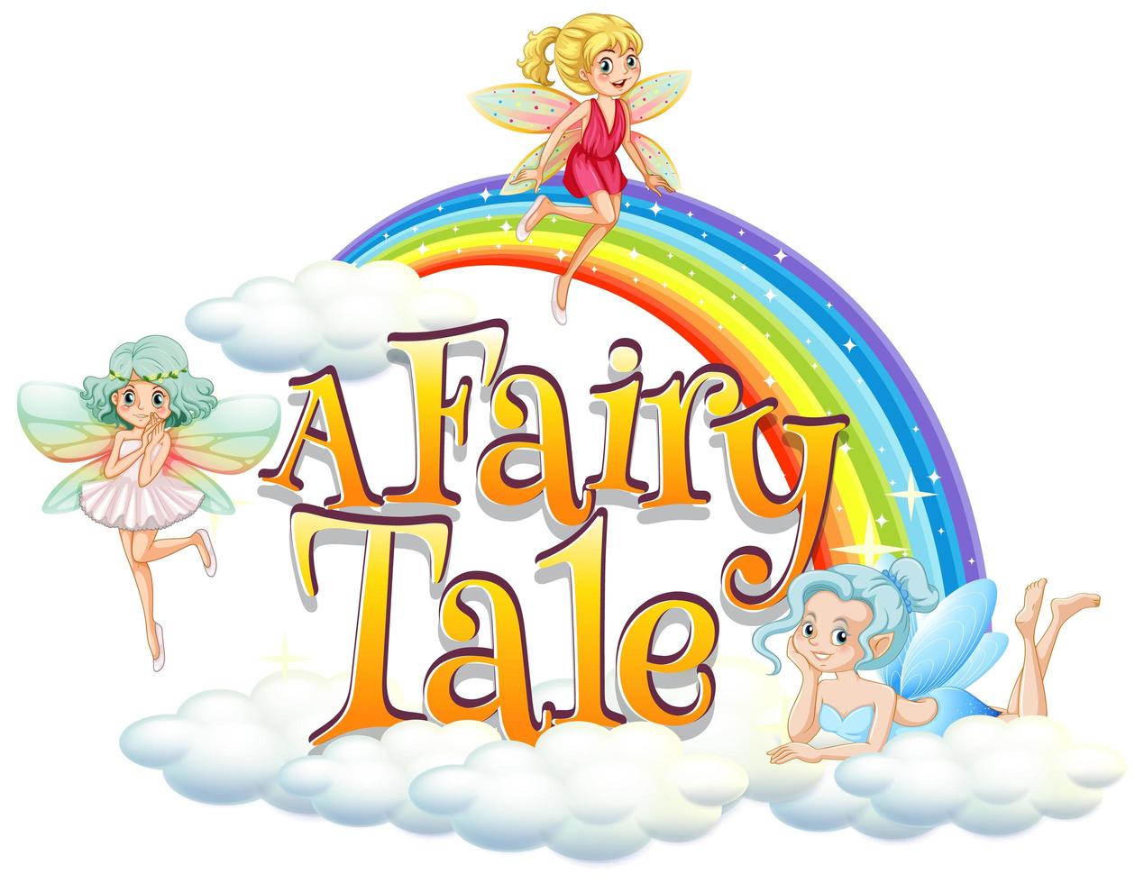 Font design for word a fairy tale with three fairies flying vector