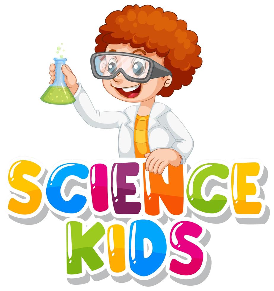 diseño de fuente para niños de ciencia de palabras con niño en bata de ciencia vector