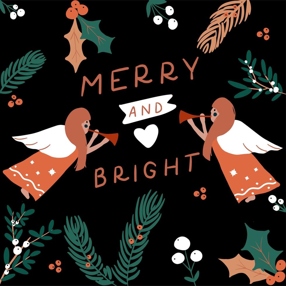 Hand drawn angels with Merry and Bright typography vector