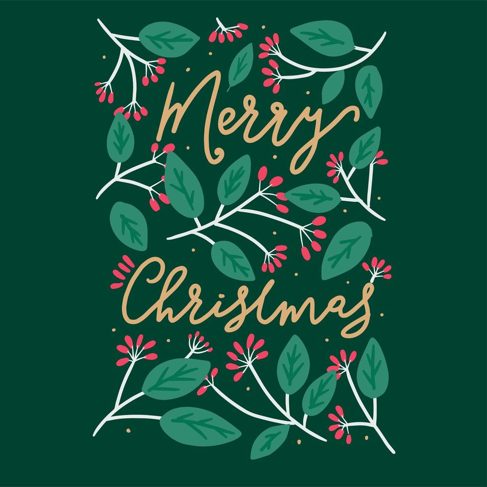 Green floral Merry Christmas typography card design vector