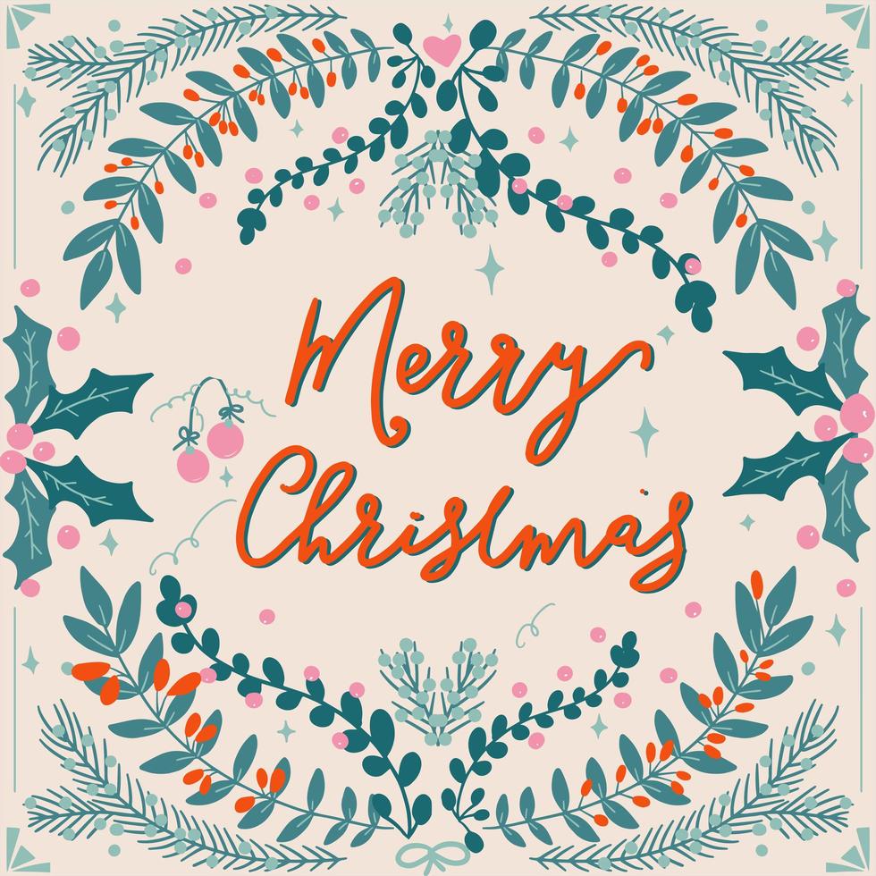 Hand drawn Merry Christmas typography and foliage vector