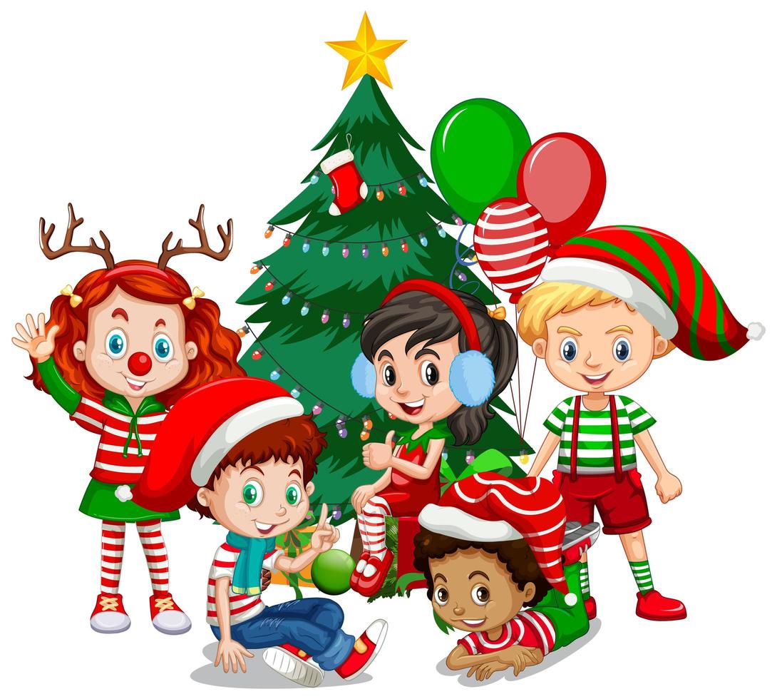 Los niños usan traje de Navidad personaje de dibujos animados con árbol de  Navidad sobre fondo blanco. 1437487 Vector en Vecteezy