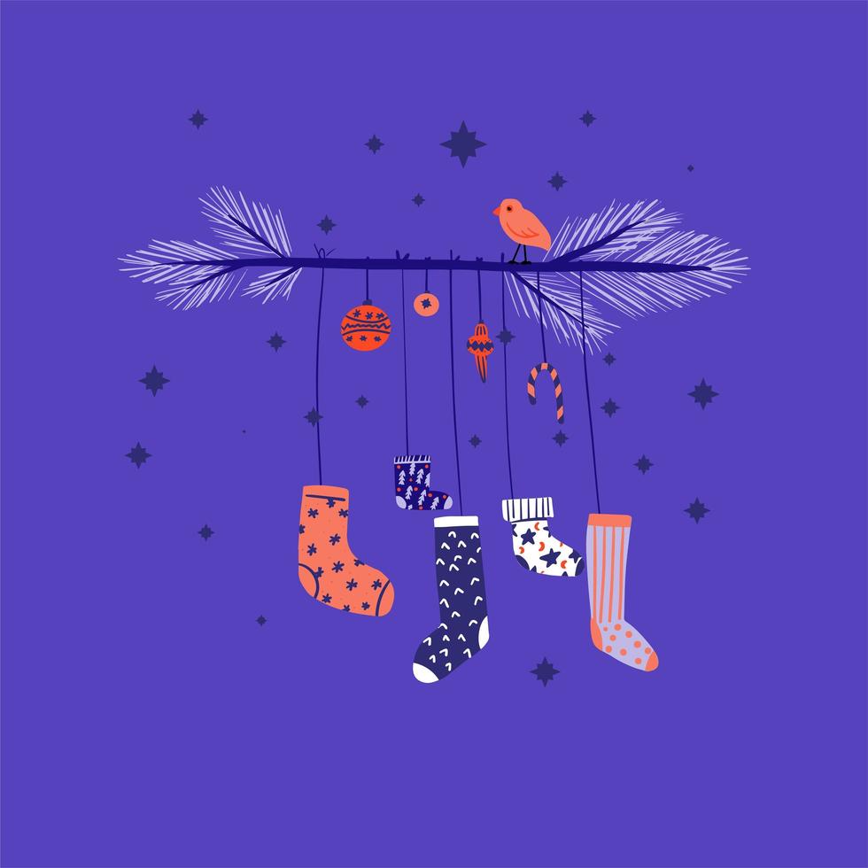 Hand drawn stockings hanging from branch with bird vector