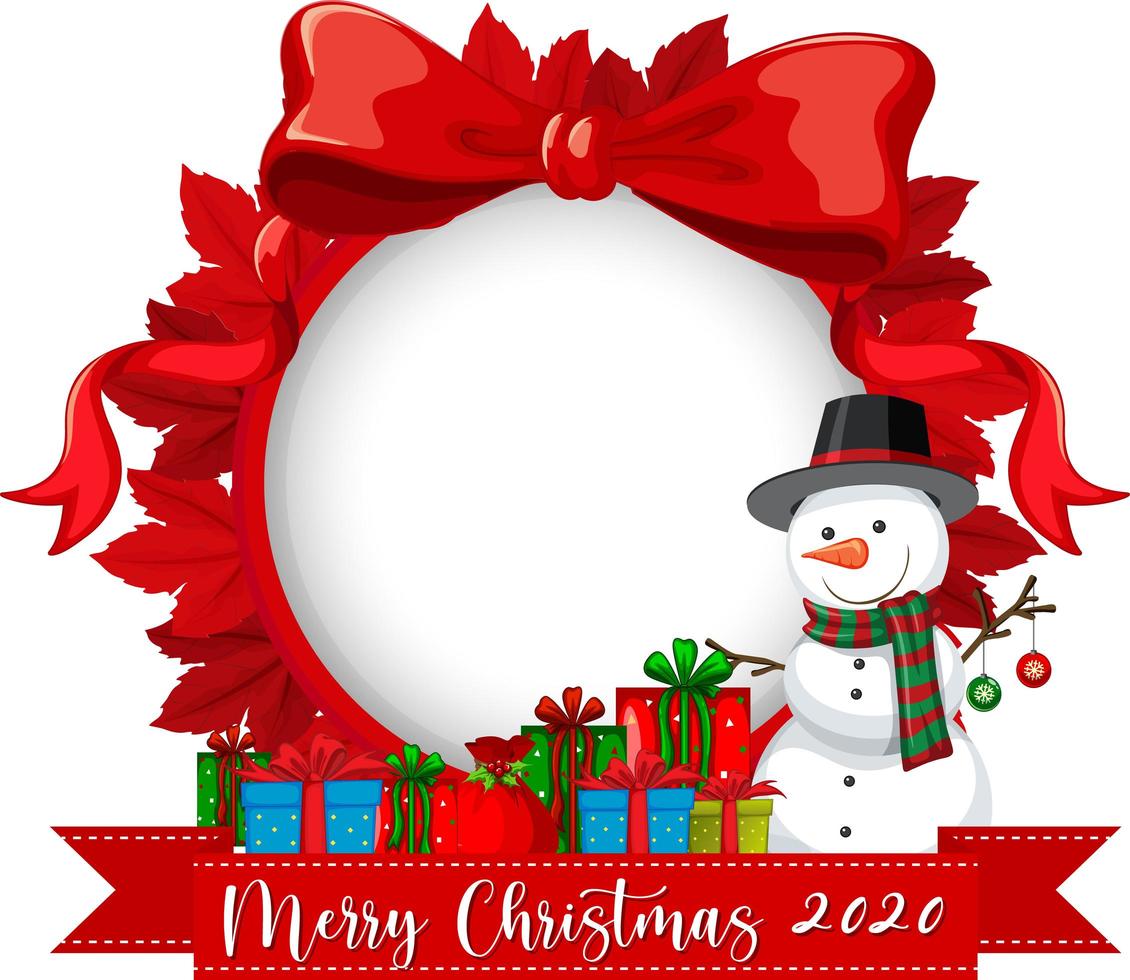 Red ribbon frame with Merry Christmas 2020 font logo and snowman cartoon character vector