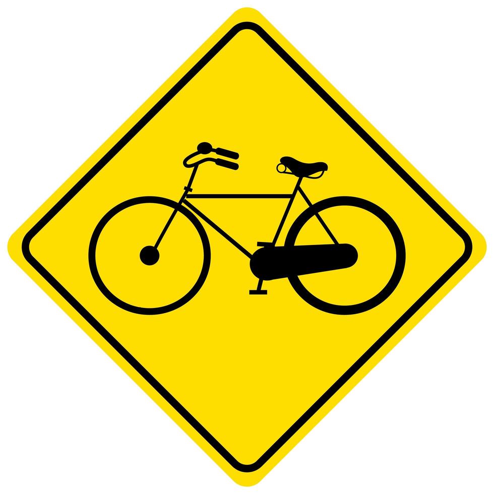 Señal de advertencia de tráfico de bicicletas amarillo sobre fondo blanco. vector