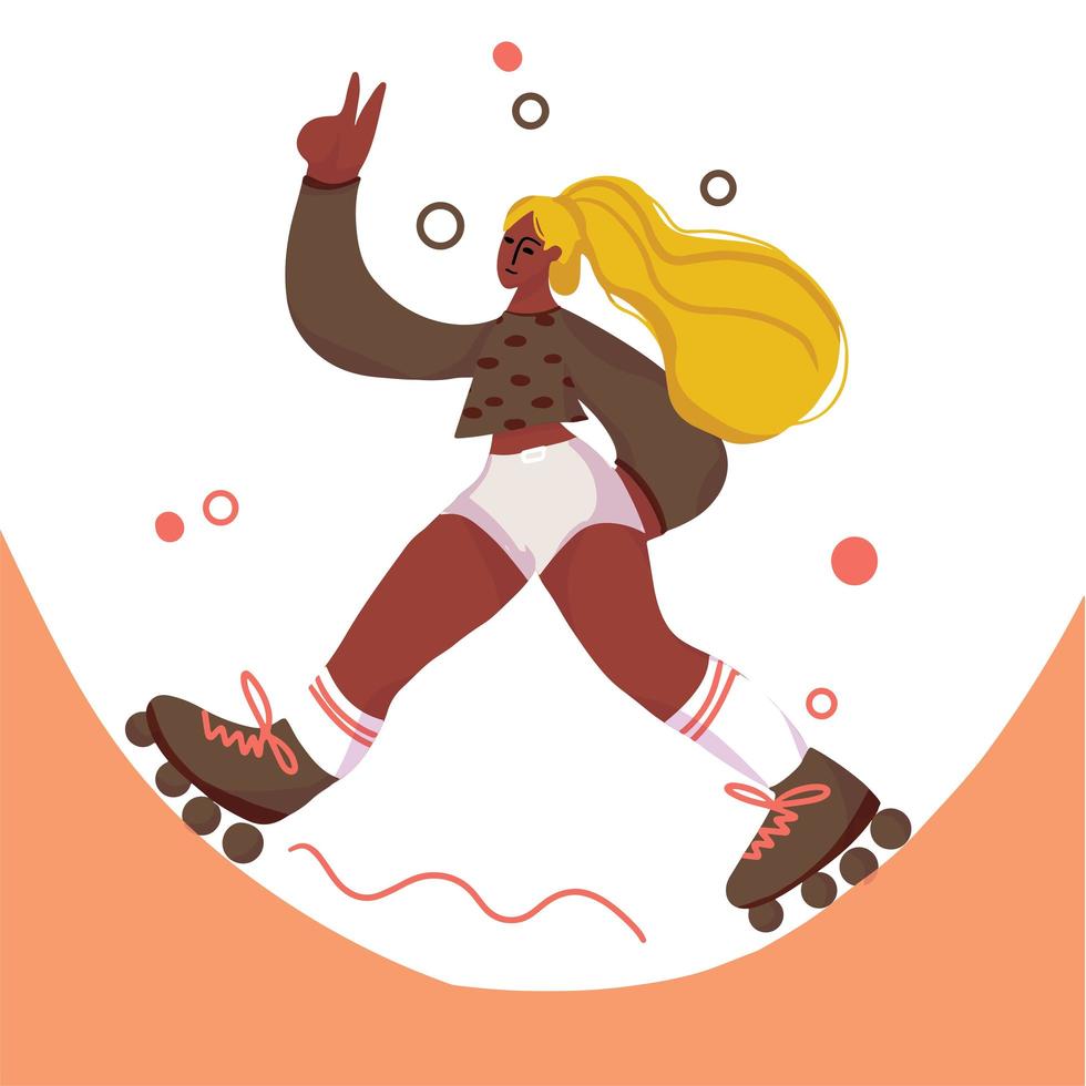 Cute cartoon girl roller skating and giving peace sign vector