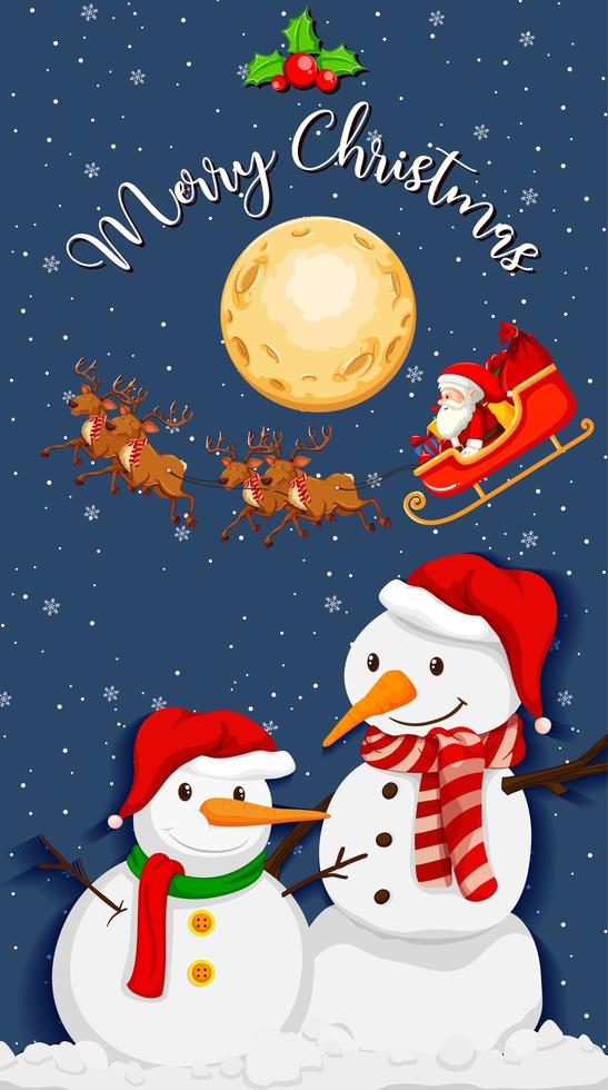 Two snowman with merry christmas font at night vector