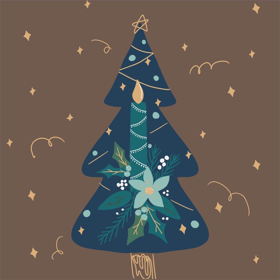 Hand drawn decorative blue Christmas tree with candle vector