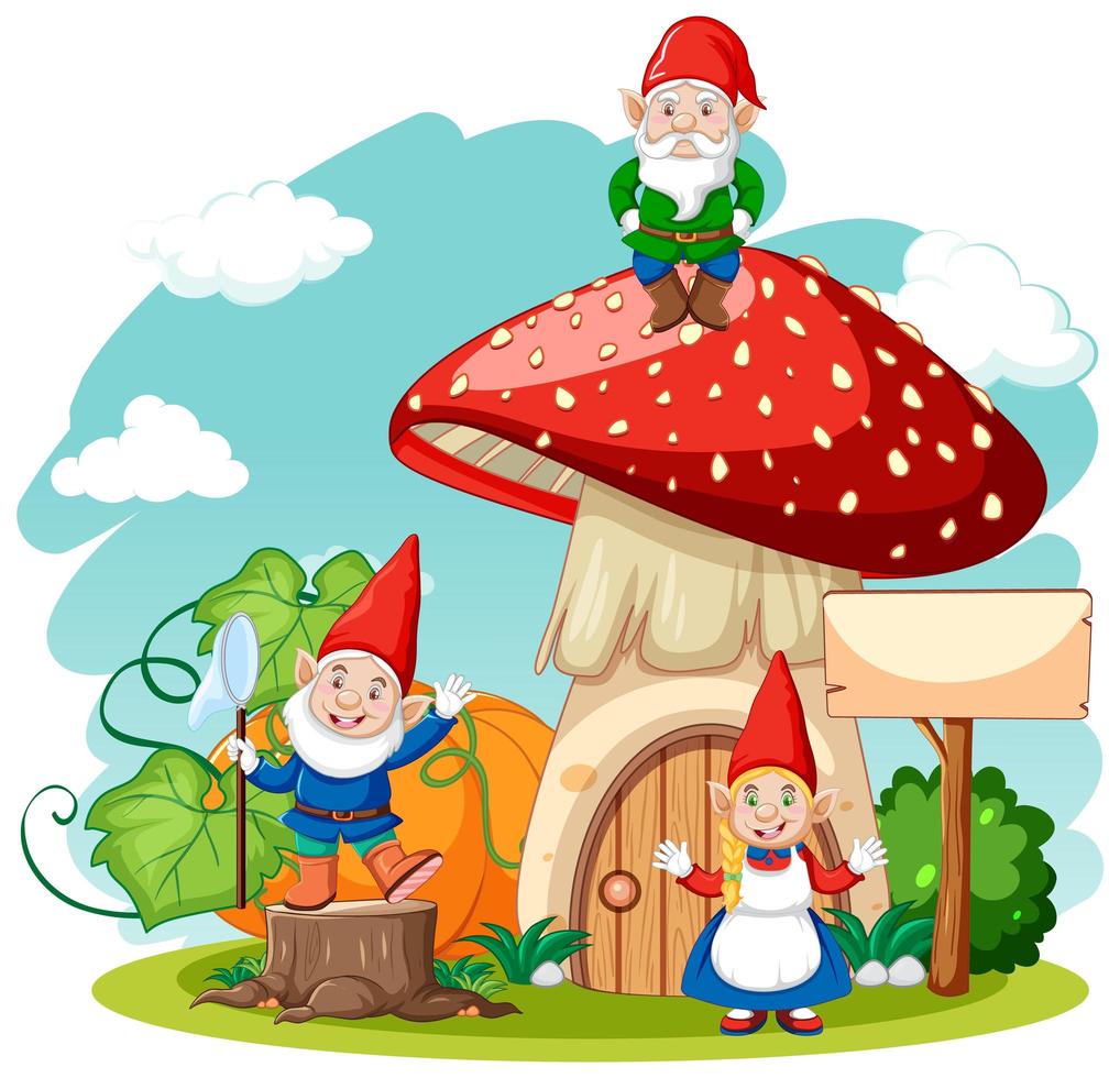 Gnomes and mushroom house cartoon style on white background vector