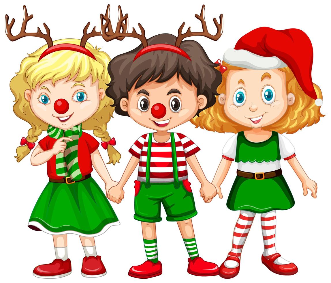 Children wearing reindeer headband and red nose Christmas costume vector