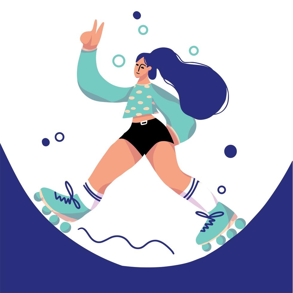 Cute cartoon girl roller skating and giving peace sign vector