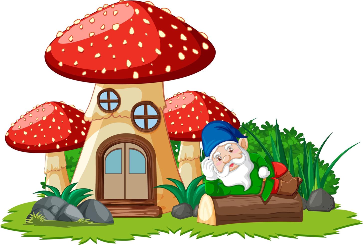 Gnome lying on stump beside mushroom house on white background vector