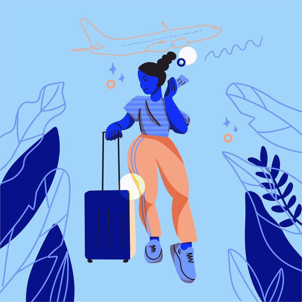 Trendy style traveling girl with luggage at the airport vector