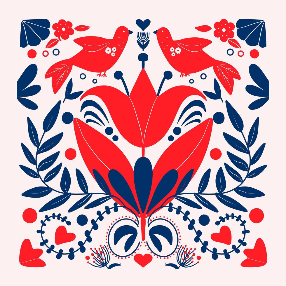 arte popular escandinavo colorido patrón floral con pájaros vector