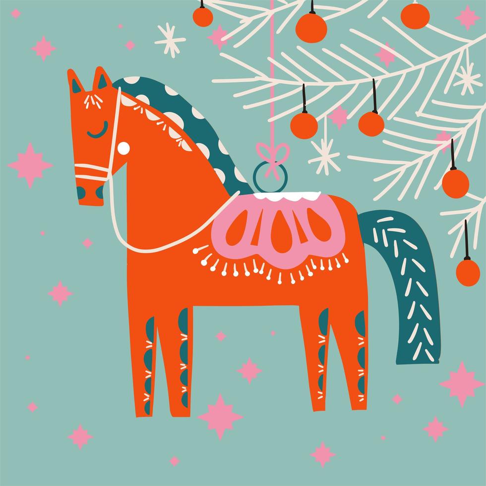 Retro hand drawn horse Christmas tree ornament vector