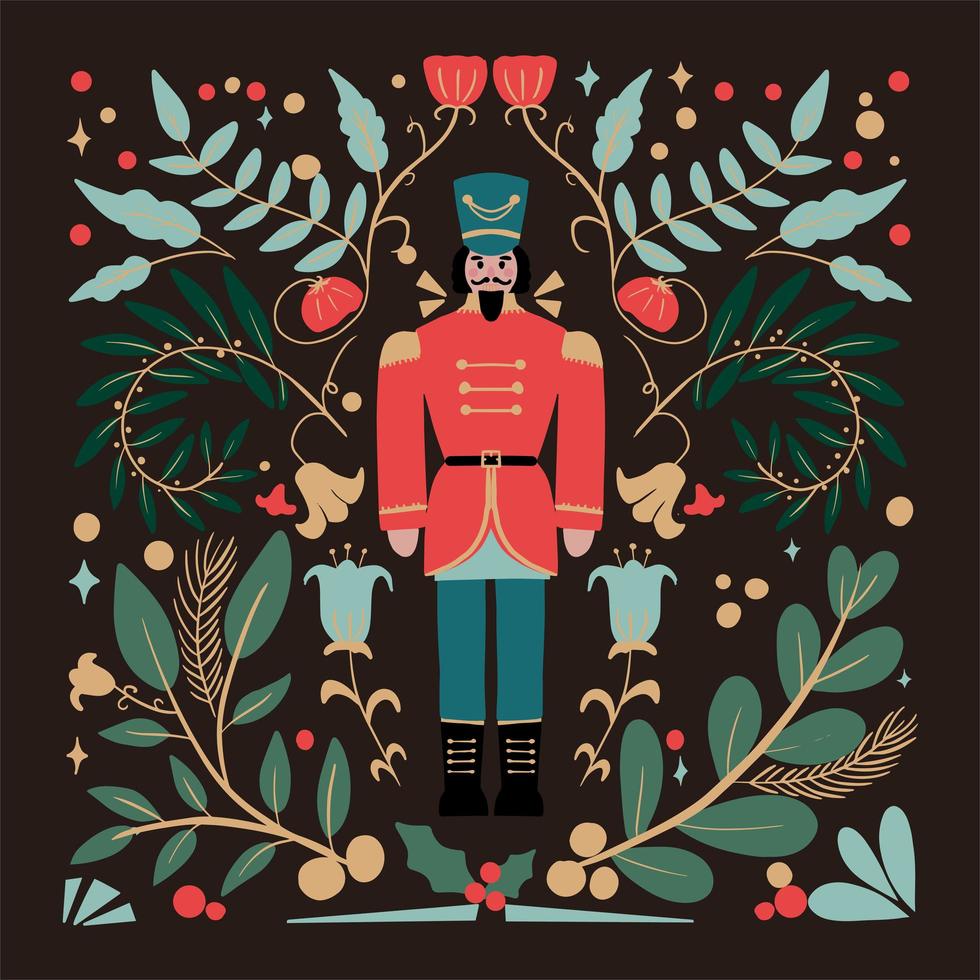 Hand drawn nutcracker with floral decorations vector