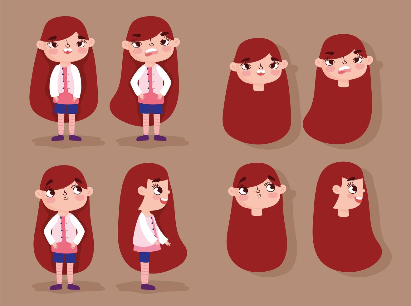 Cartoon animation girl character faces and bodies vector