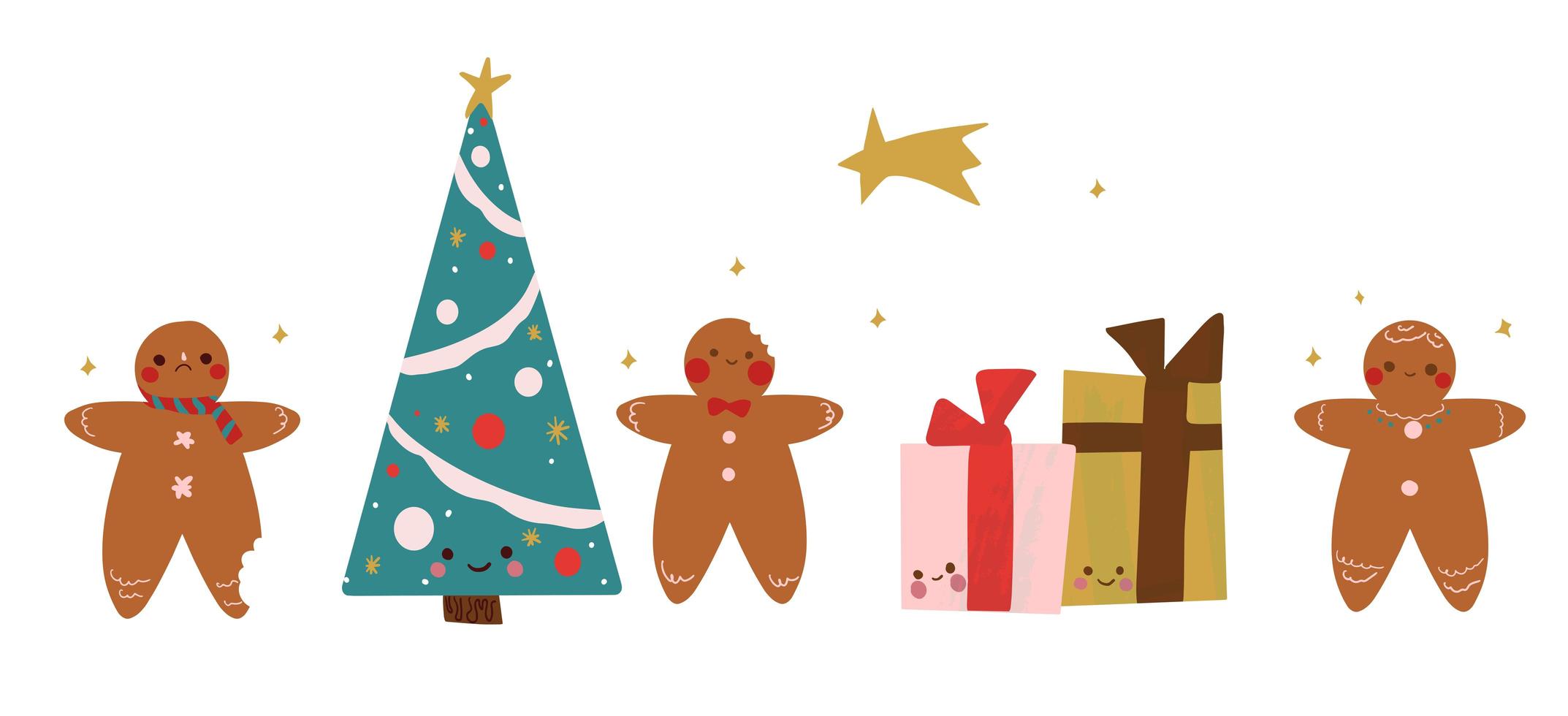pan de jengibre dibujado a mano, regalos y árbol de navidad vector