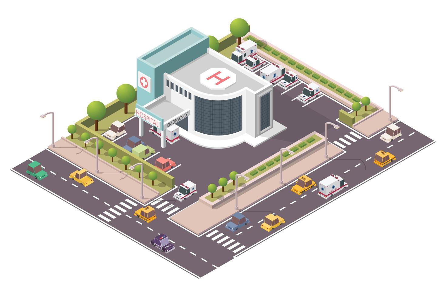 Isometric hospital building with ambulance vector