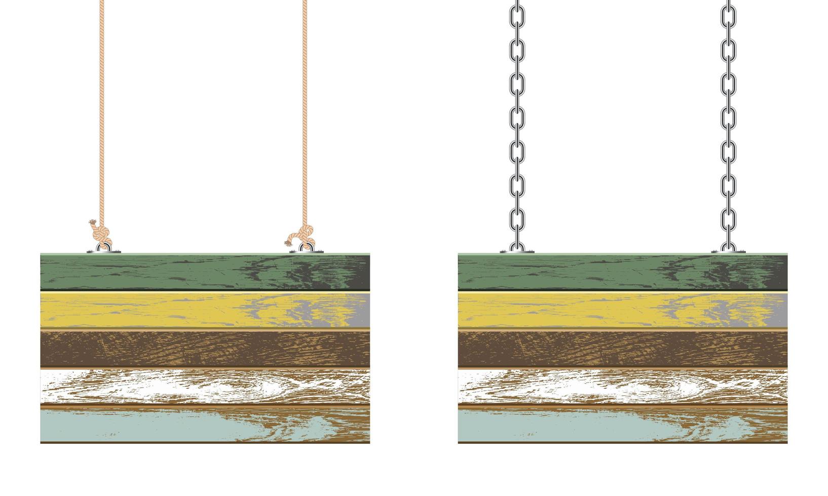 Tablas de madera vintage colgando de cadenas y cuerdas vector