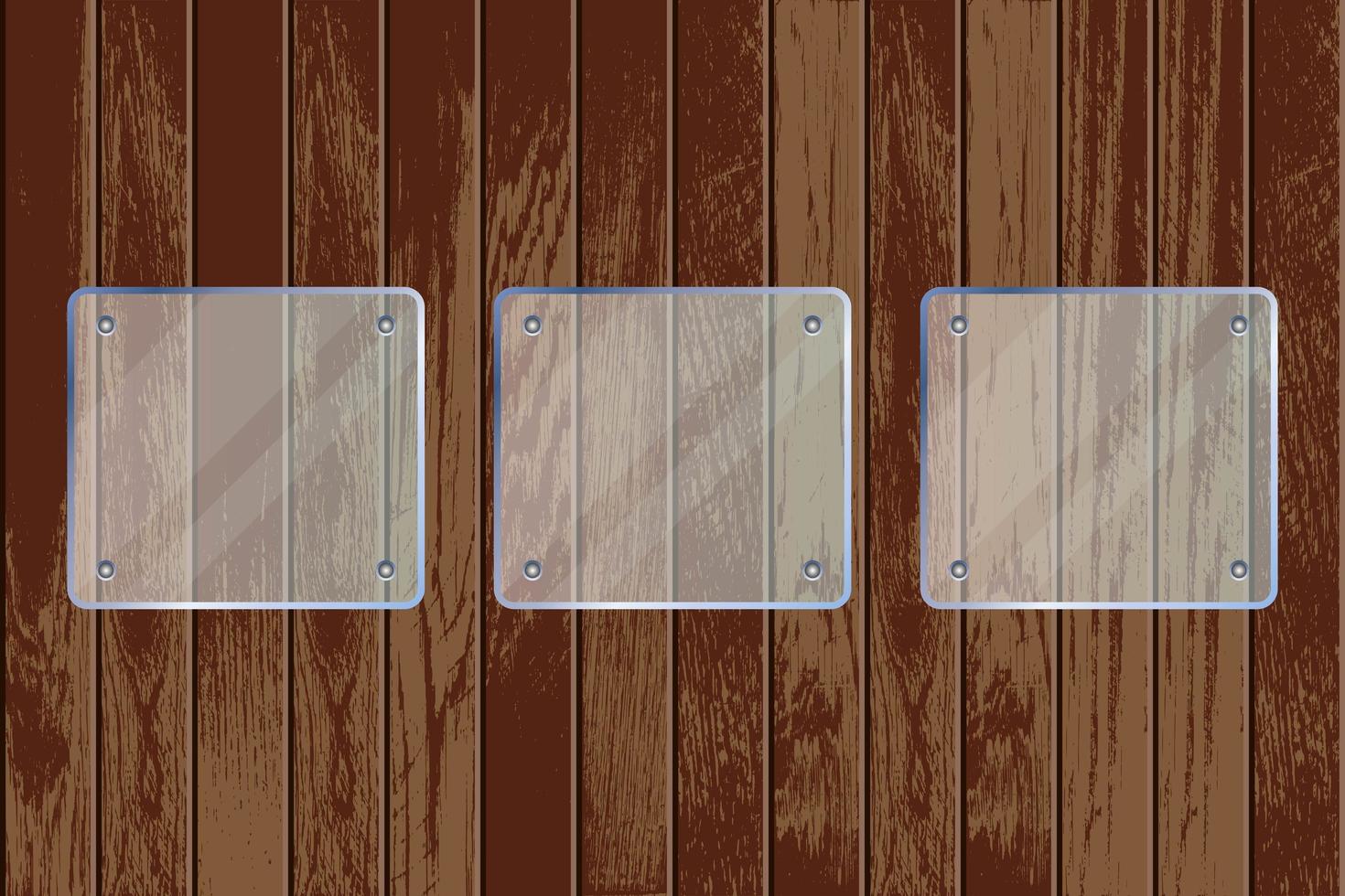 Placas cuadradas de vidrio transparente sobre fondo de textura de madera vector