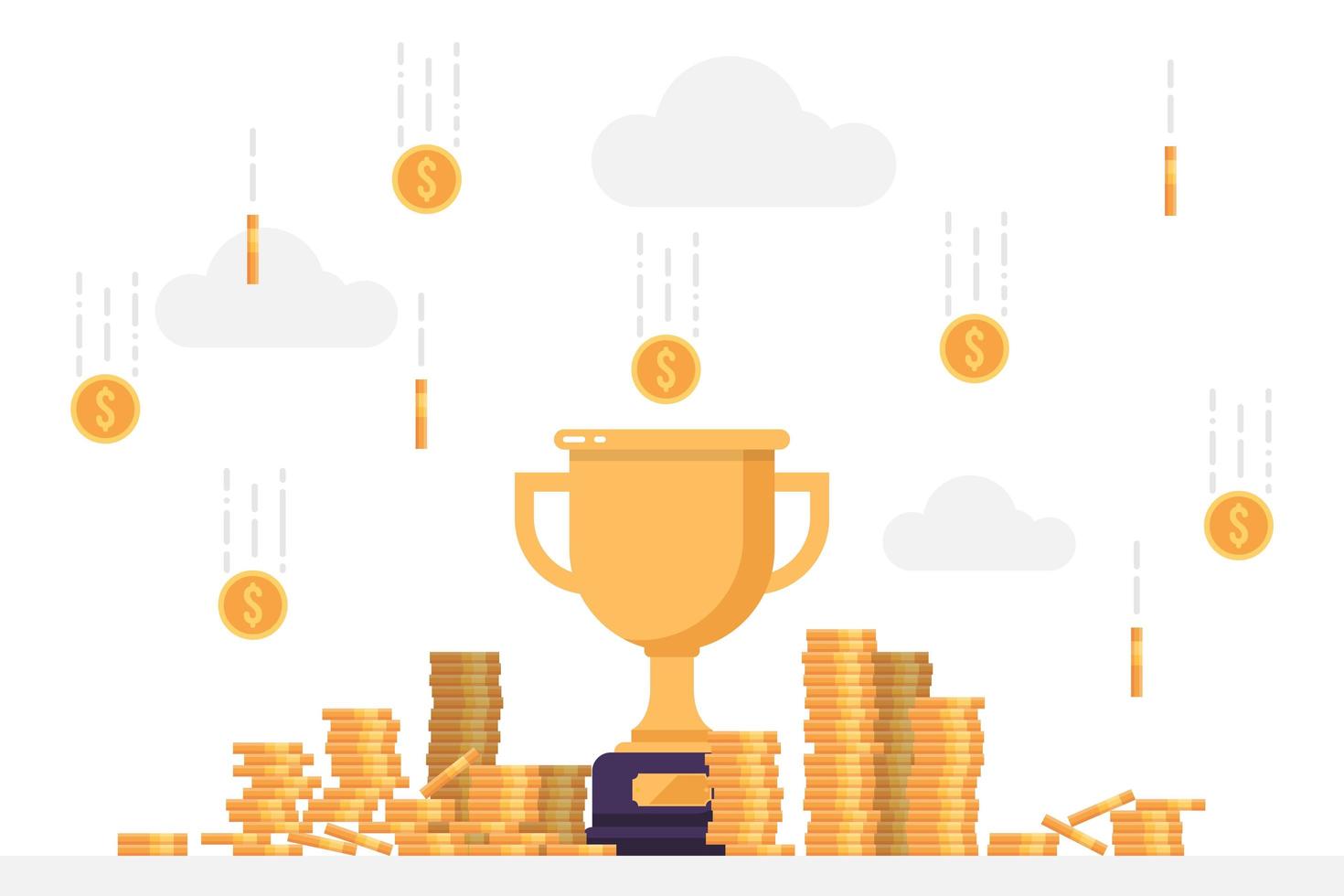 Gold winner trophy under a rain of coins vector