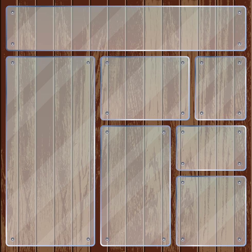 Rectangle and square transparent glass plates on wooden texture vector