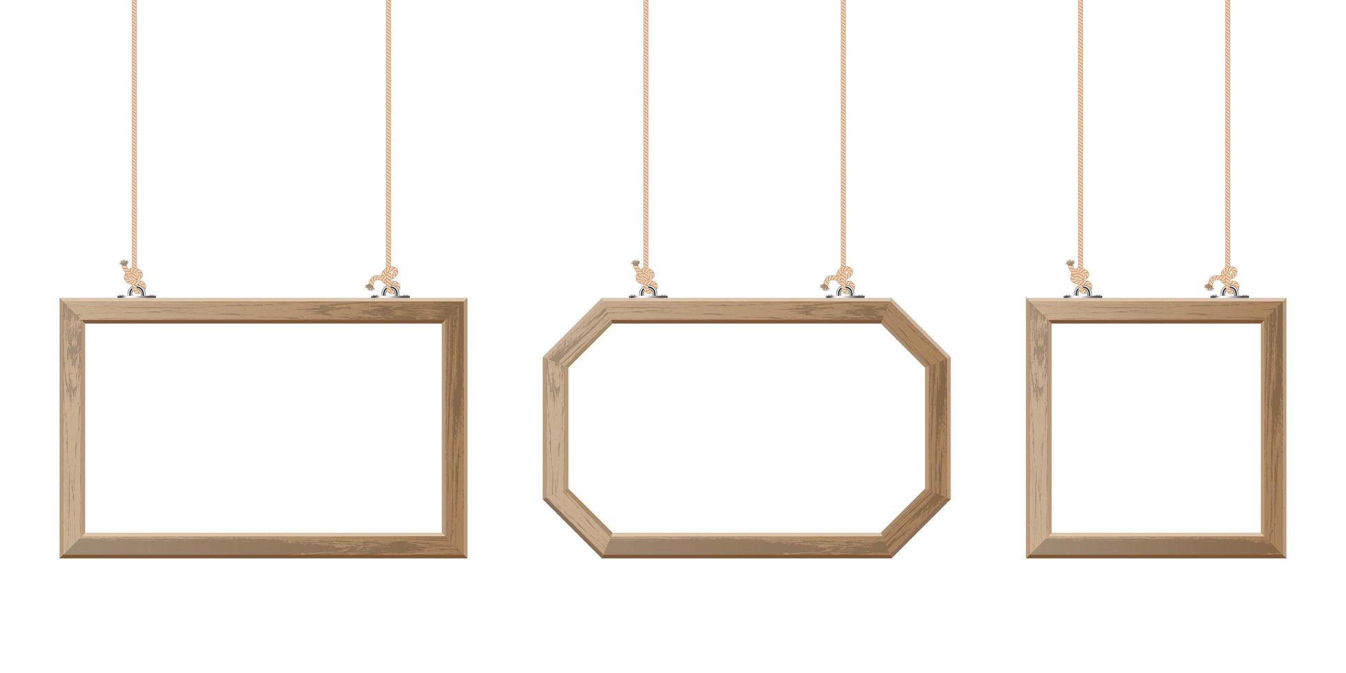 Different shaped wooden frames hanging with ropes set vector