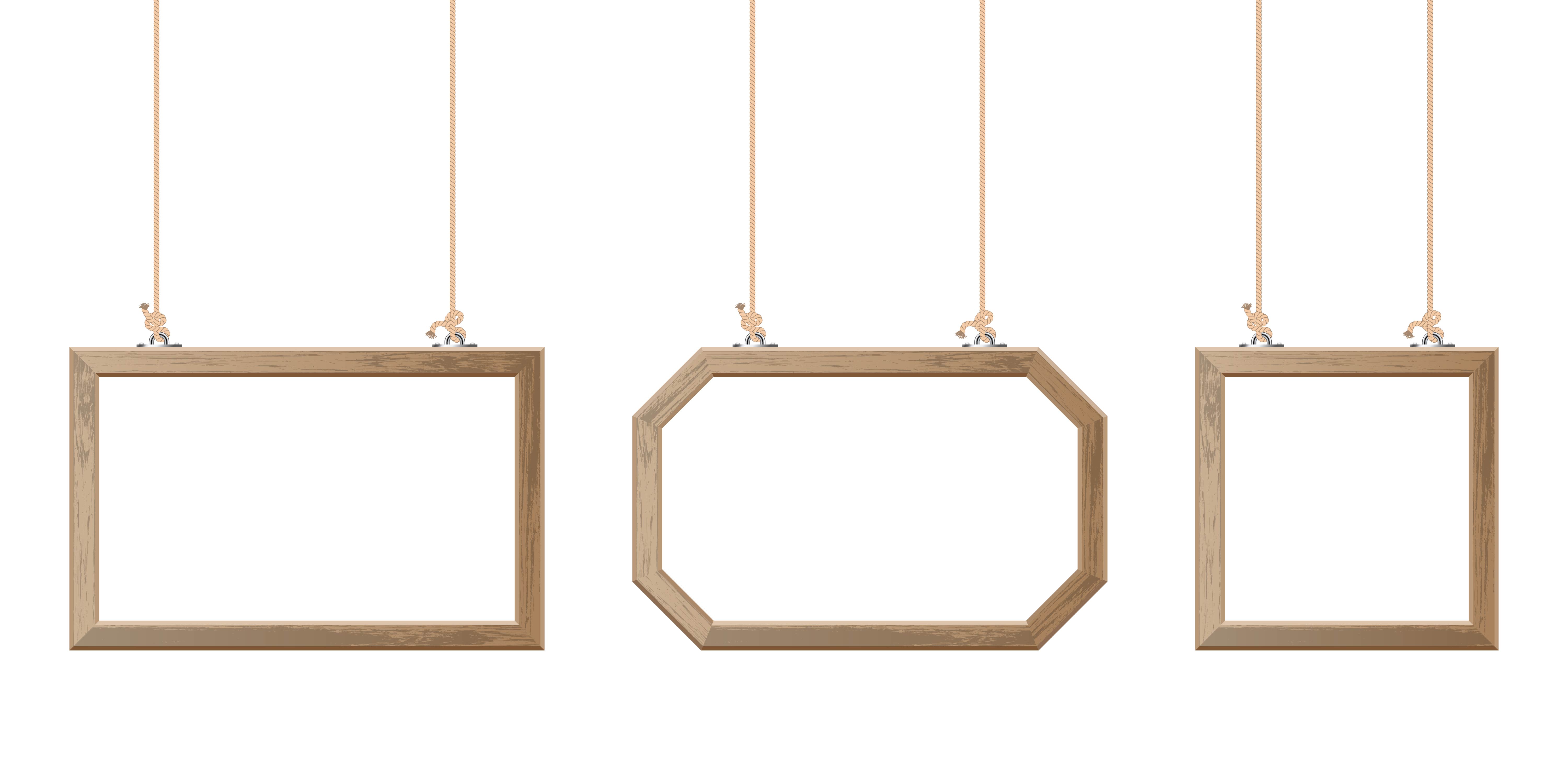 Different shaped wooden frames hanging with ropes set 1437728