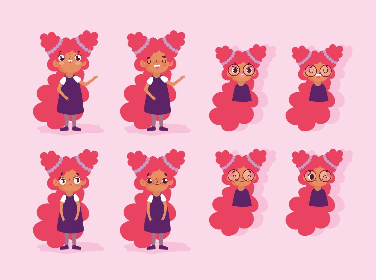 Cartoon animation girl character faces and bodies vector
