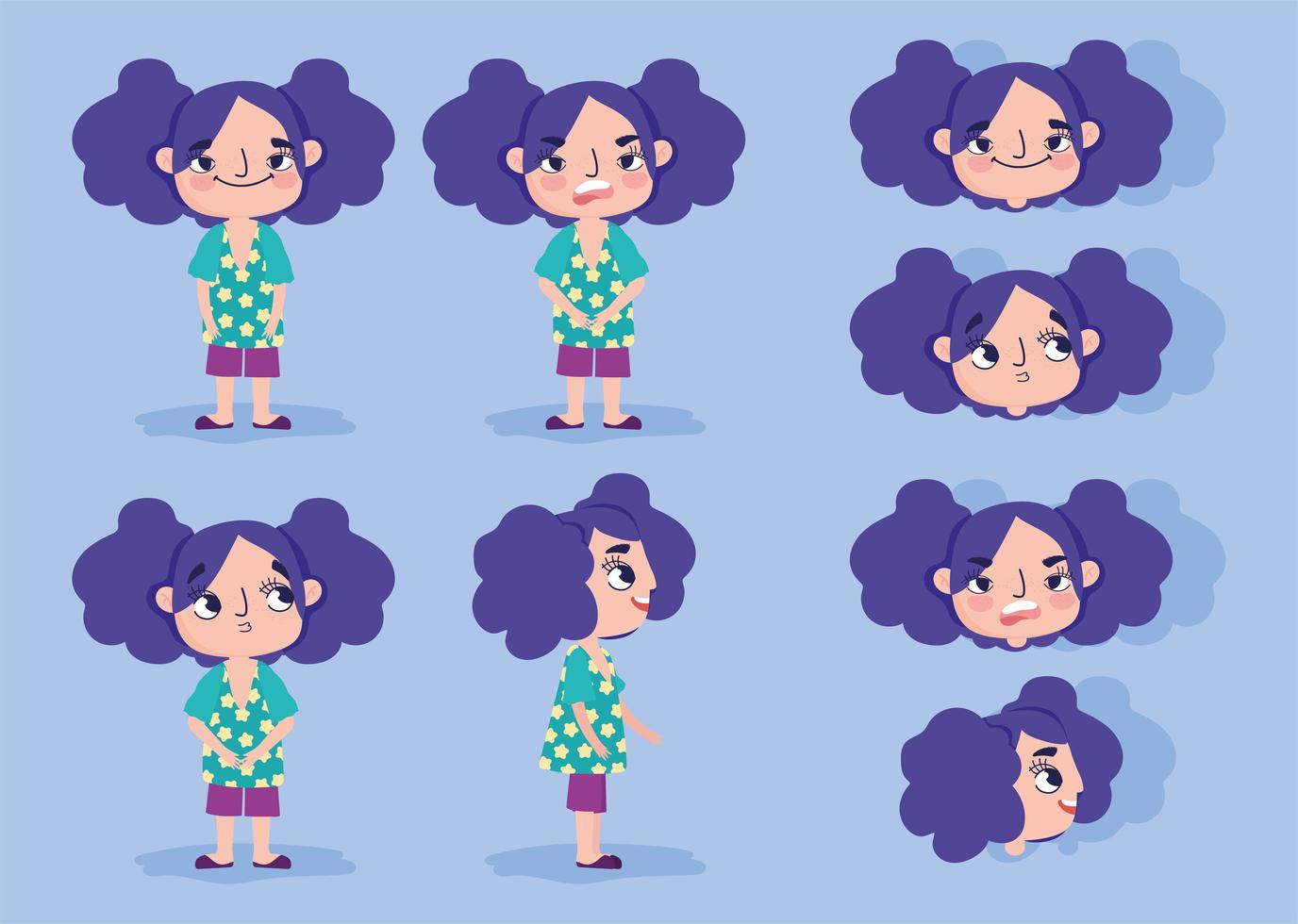 Cartoon animation girl character faces and bodies vector