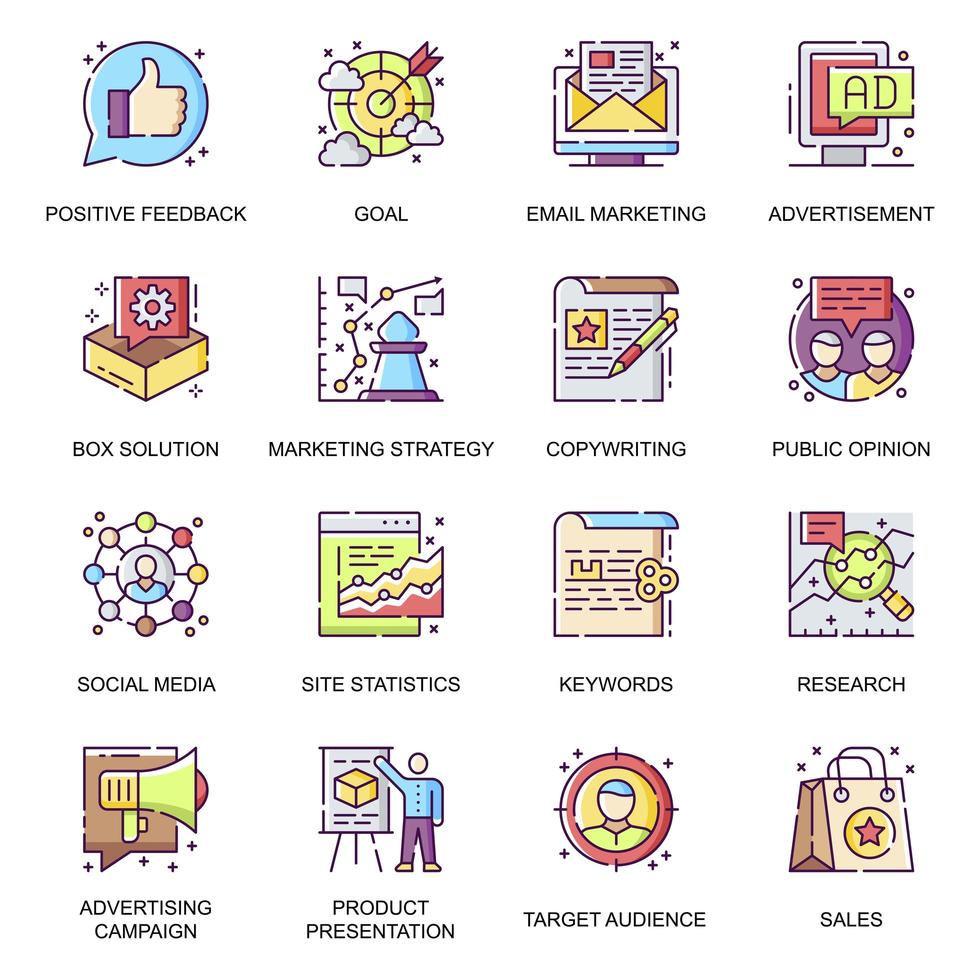 conjunto de iconos planos de estrategia de marketing vector