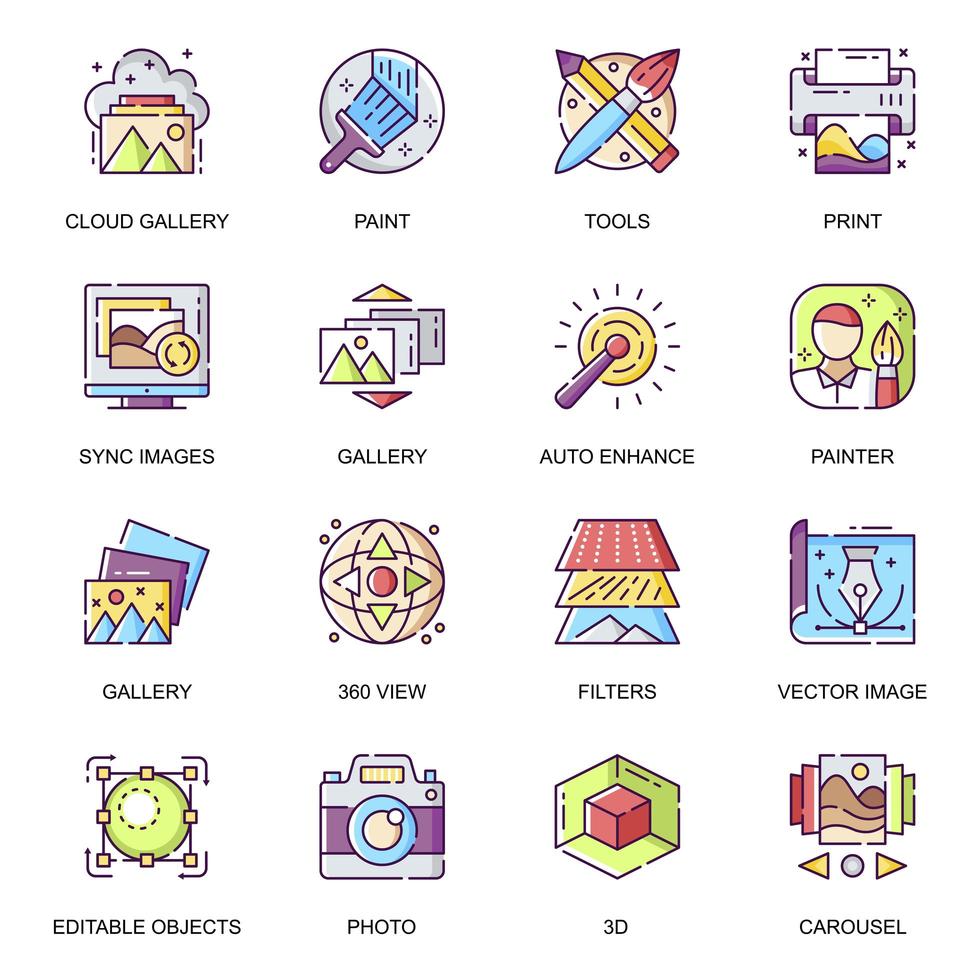 Galería de imágenes, conjunto de iconos planos vector