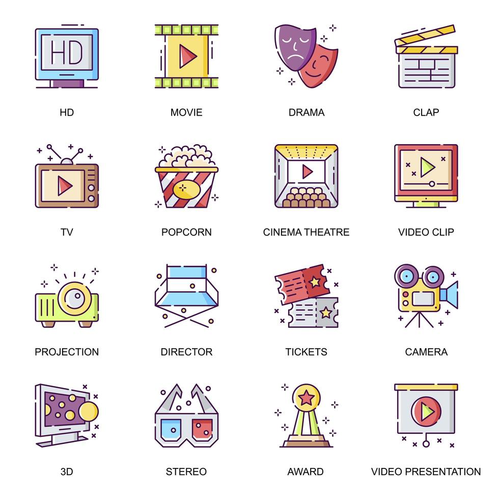 Cinema entertainment, flat icons set vector