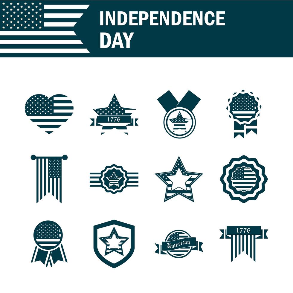 Estados Unidos día de la independencia silueta conjunto de iconos vector