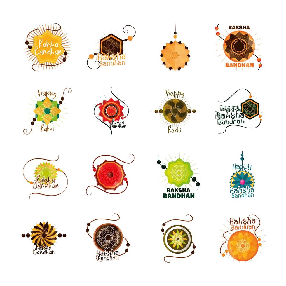 Raksha Bandhan, traditional Indian wristband icon set vector