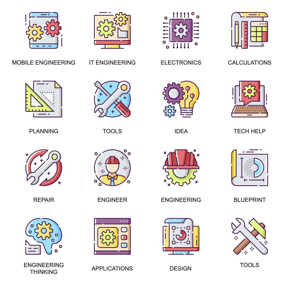 ingeniería moderna, conjunto de iconos planos vector