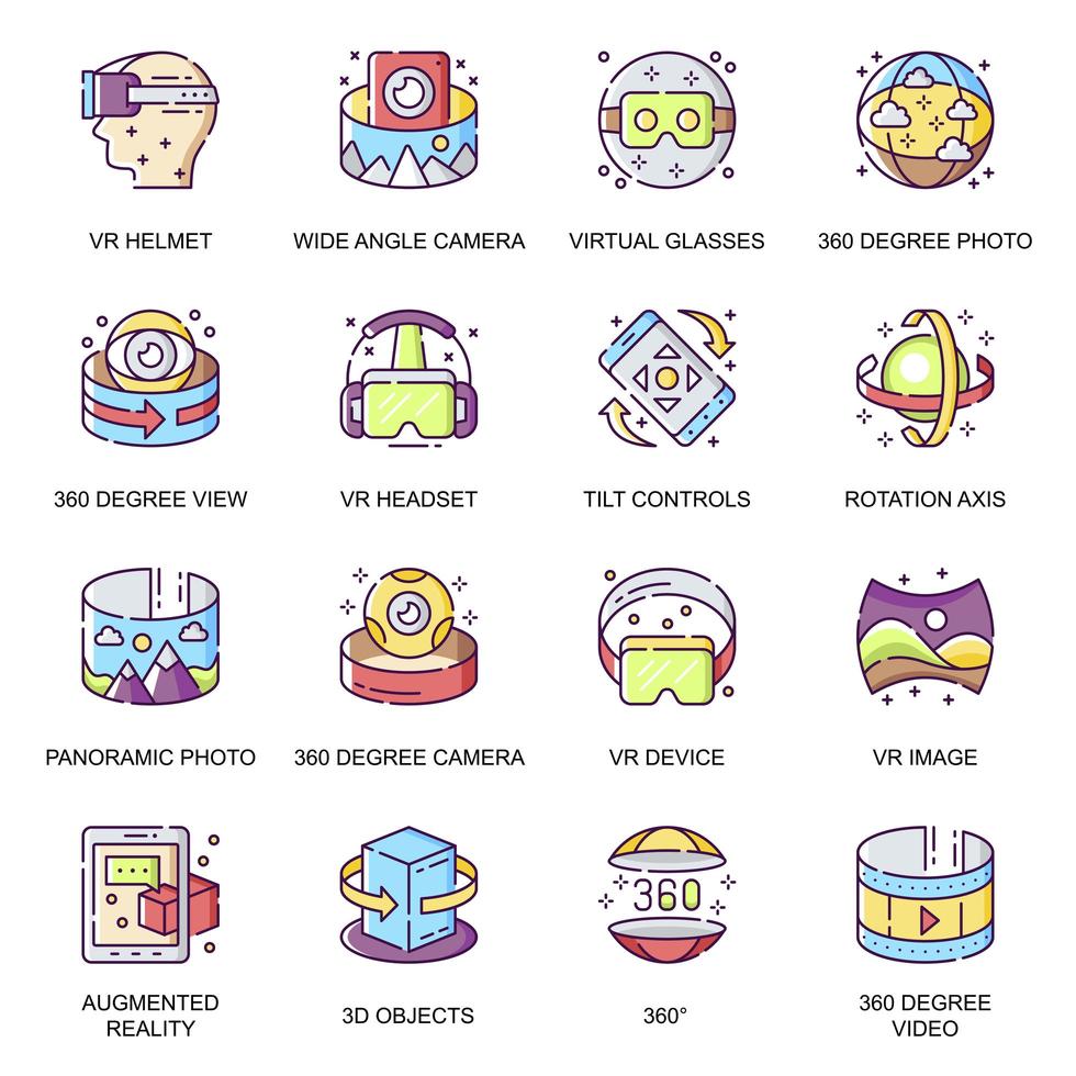 Virtual reality, flat icons set vector