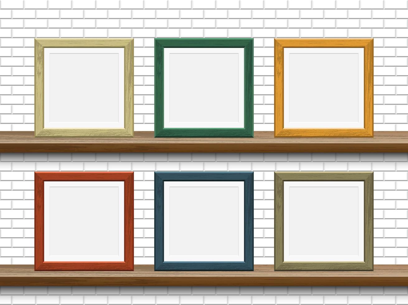 Wooden picture frames on shelves with white brick wall vector