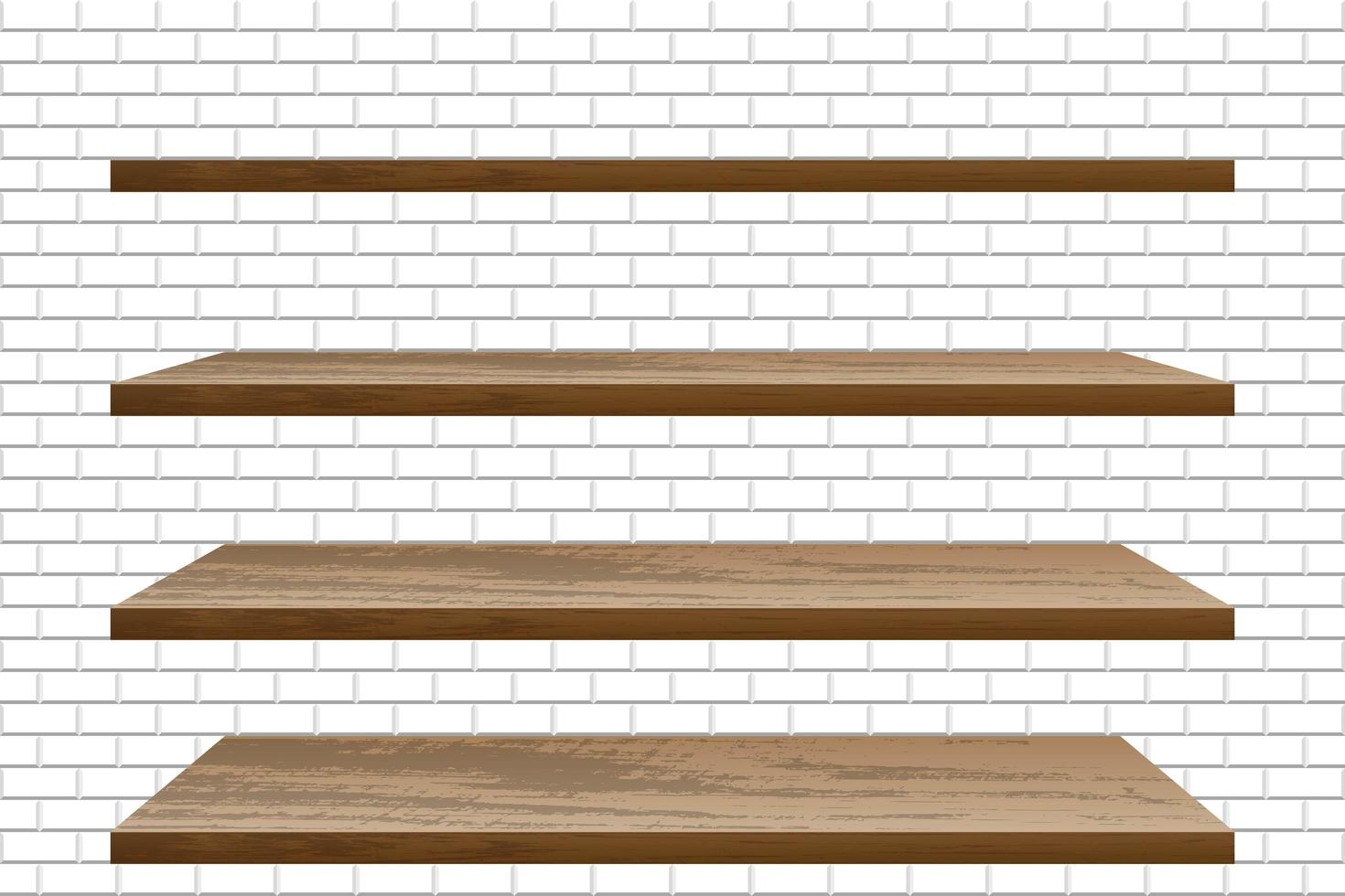 Realistic empty wooden shelves on white brick wall vector