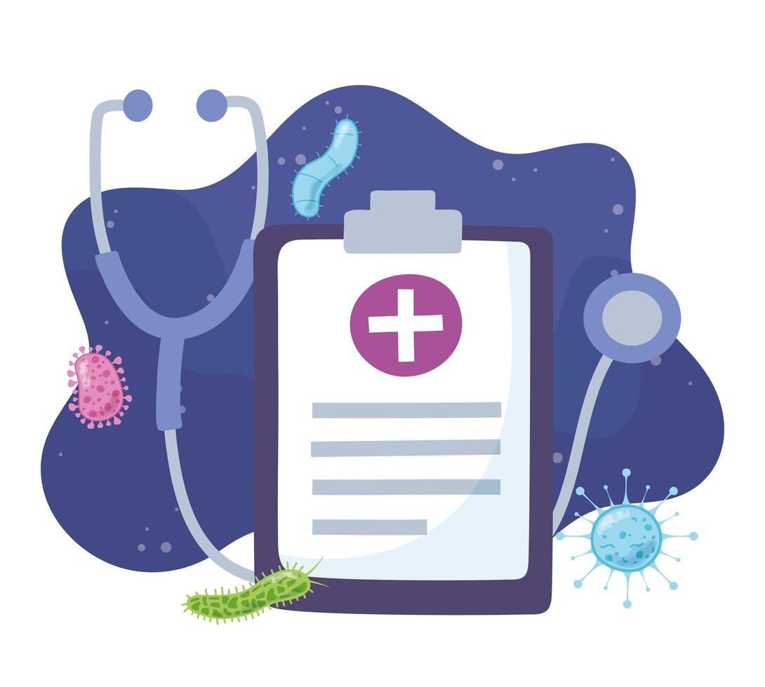 Stethoscope and medical clipboard with viruses and bacterias vector